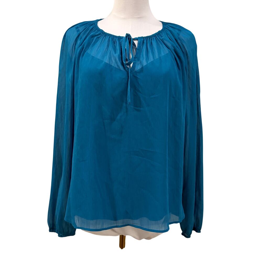 NWT Simply Vera Wang Sheer Peasant Blouse Small Teal Blue Long Sleeve Office